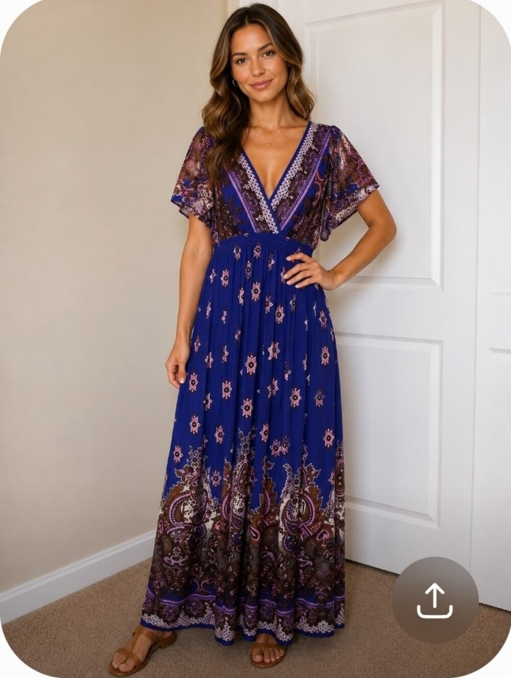 Women's Blue Printed Maxi Dress with V-Neck